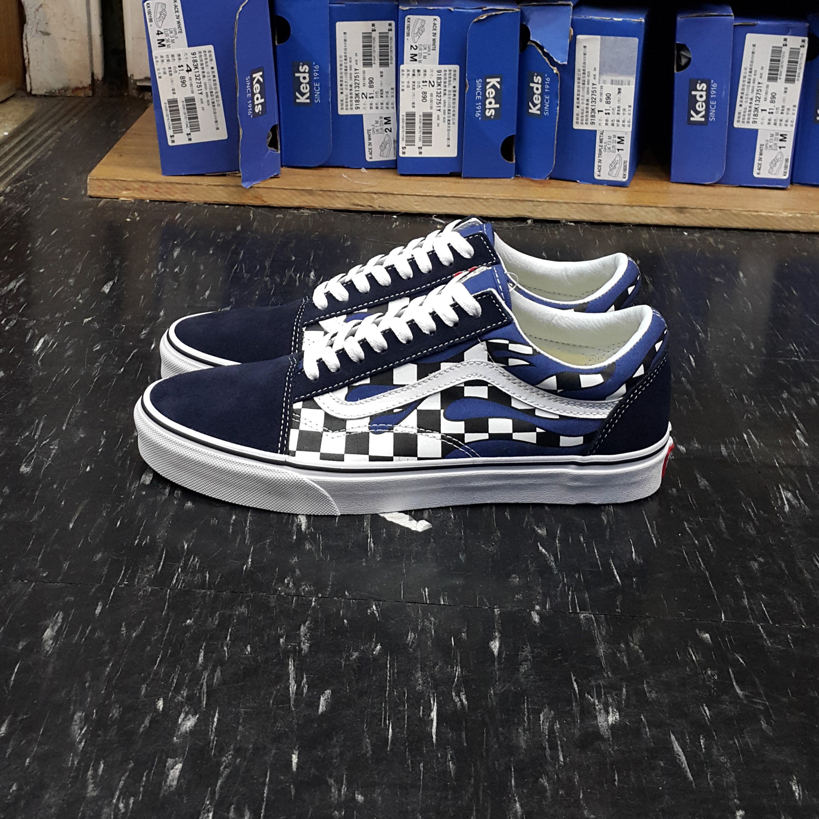 VANS Old Skool Flame 火焰 棋盤格 藍色 帆布 麂皮 經典款 滑板鞋 VN0A38G1RX6