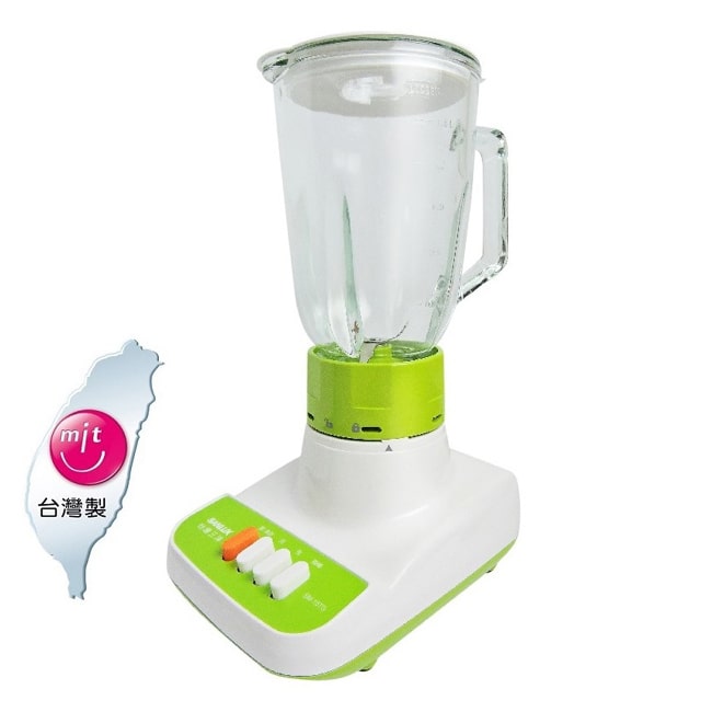 ■ 台灣製MIT微笑標章認證 ■ 100%台灣設計生產製造 ■ 三段轉速選擇，操作容易 ■ 可拆式玻璃杯，清洗容易 ■ 簡易機械式操作，容易使用 ■ 大容量1500c.c.玻璃杯 ■ 自動保護裝置：過