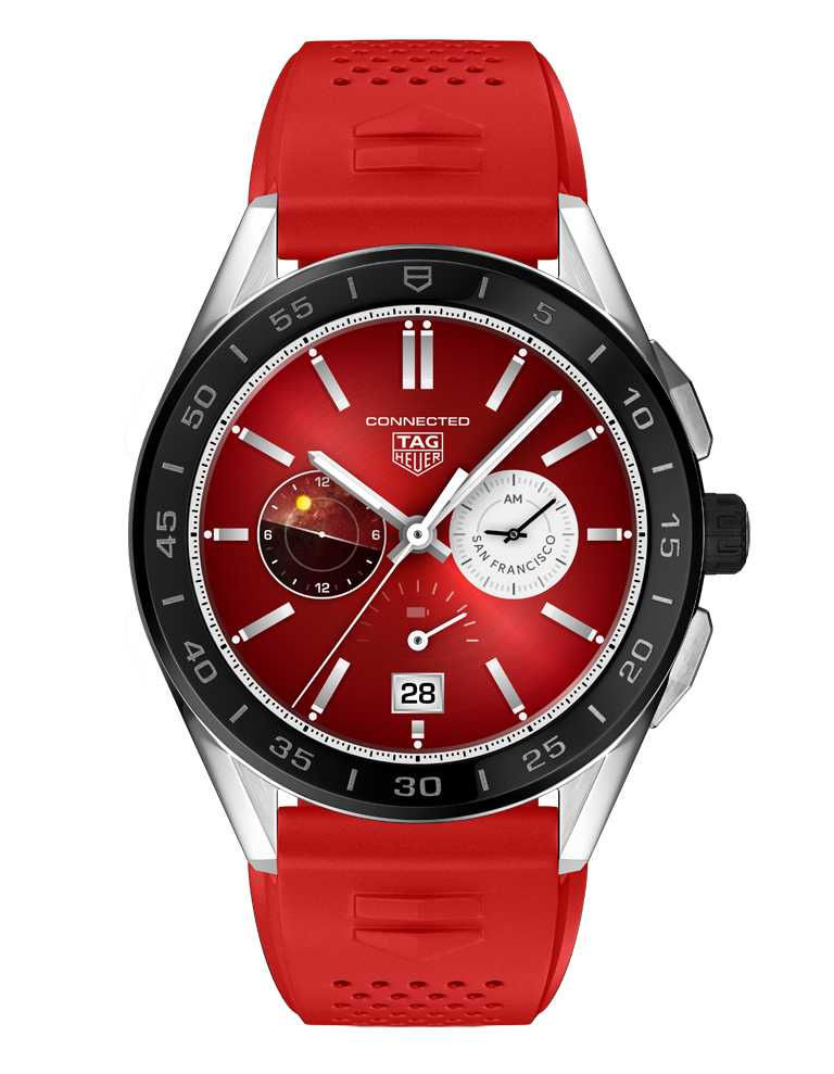 TAG HEUER「CONNECTED智能腕錶」夏季系列╱全新「Helios」錶盤，櫻桃紅色。（圖╱TAG HEUER提供）
