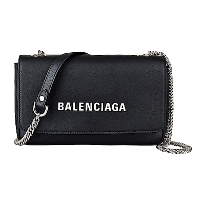 BALENCIAGA巴黎世家經典印花LOGO牛皮鏈帶扣式斜背包(黑)