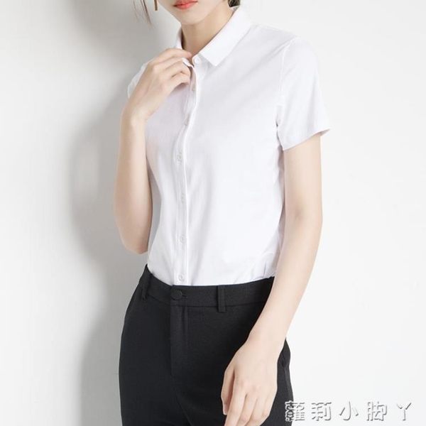 翻領針織高彈力白襯衫女短袖2019夏季韓版新款職業工作服襯衣上衣