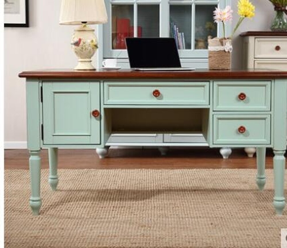 美式鄉村實木書桌地中海電腦桌家用寫字臺白色書房家具套裝組合歐歐流行館