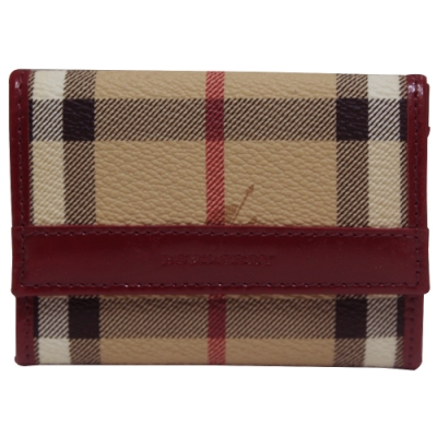 BURBERRY 戰馬格紋皮革扣式卡夾零錢包-卡其紅