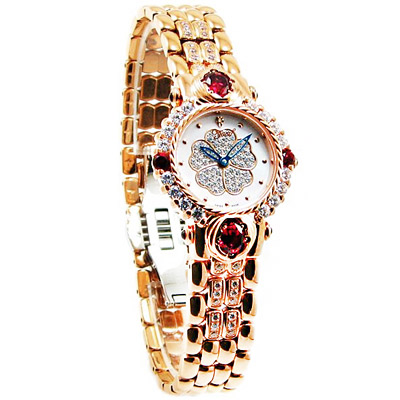 原廠公司貨彩用施華洛世奇CZ鑽+天然拓帕石優雅立體山茶花珍珠貝錶面藍寶石水晶鏡面人氣女星隋棠廣告款永久免費補鑽(須附保卡) 品牌收藏盒+精美提袋料號：305-11DLR