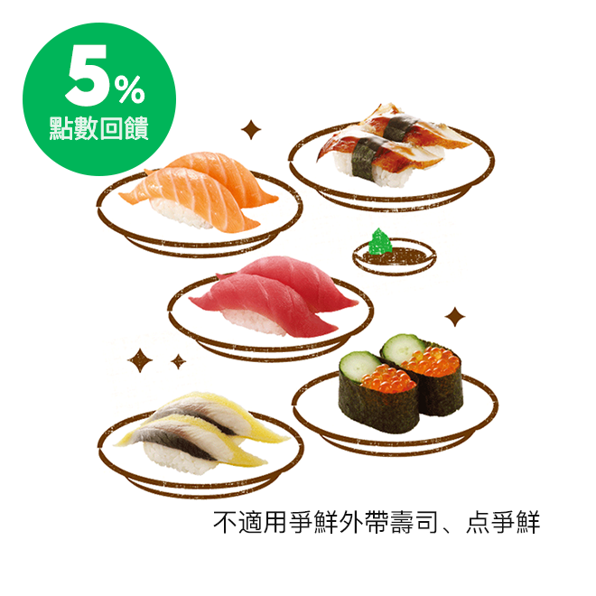 超過80款盤盤精彩的壽司與小菜，每一位顧客都可以用很輕鬆價格享用的國民美食，爭鮮迴轉壽司全台超過140家門市，創造美味生活與您常相隨，讓生活變得更加美味！ ※本券適用於全台爭鮮迴轉壽司，除了賣場、百貨
