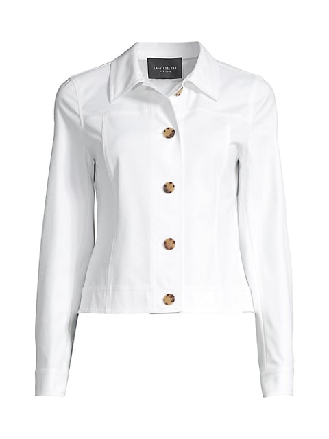 Hip-length jacket styled with tonal stitching and contrasting button front.; Point collar; Long slee