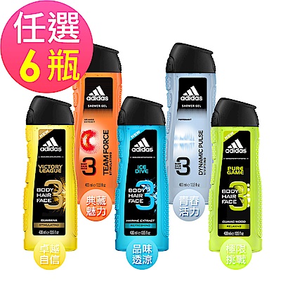 adidas愛迪達 男用潔顏洗髮沐浴露任選6罐(400ml/罐)