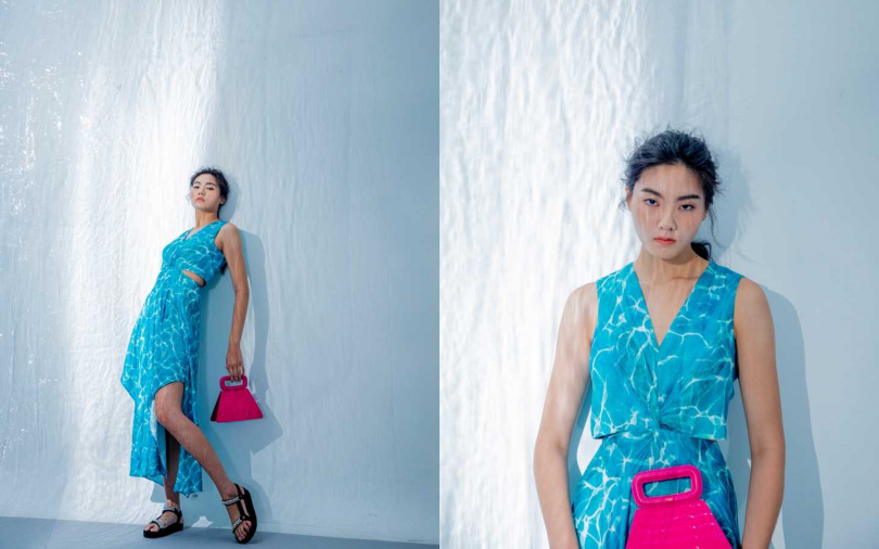 maje 水波紋挖腰長洋裝／12,750元、鱷魚壓紋梯型包／11,360元、珍珠一字寬帶涼鞋／9,050元（圖／莊立人攝）