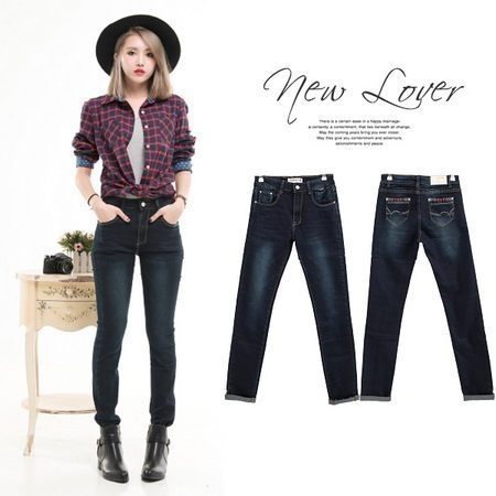 中大尺碼 NEWLOVER牛仔時尚【166-6834】中大尺碼小愛心串連刺繡搭配直線鞋帶設計直統褲 S-M