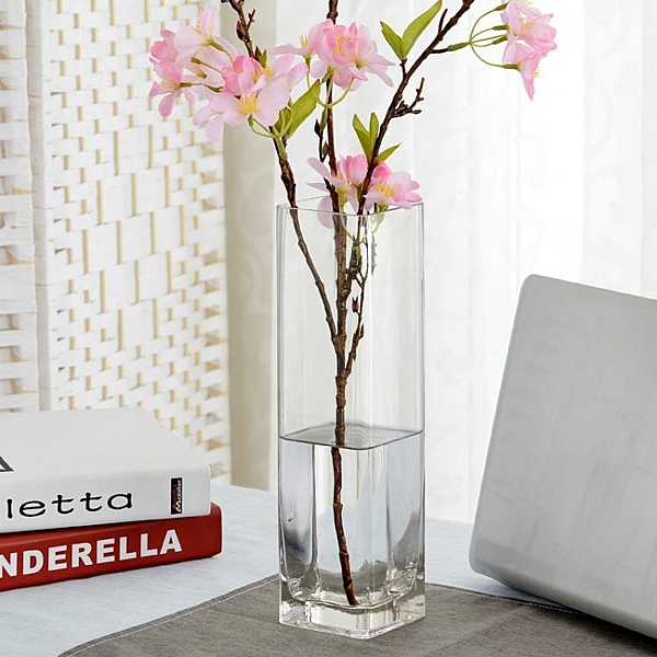 水晶玻璃透明方形花器百合富貴竹仿真插花四方花瓶擺件