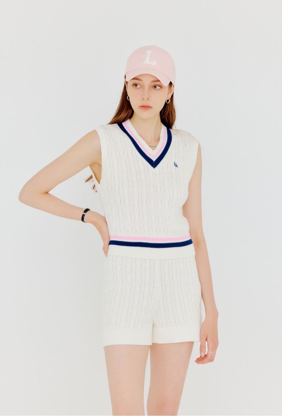 LOOKAST White Holly Cable Knit Vest Matching Set Outfit