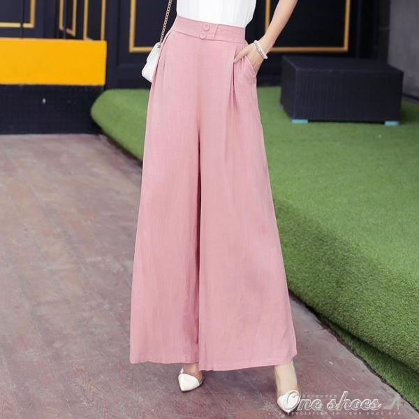 闊腿褲棉麻女褲夏季高腰亞麻褲子寬松長褲裙褲九分闊腳褲休閑褲薄 one shoes