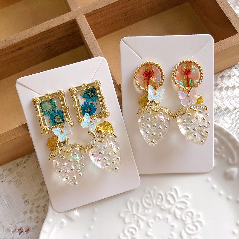 透明草莓真花耳環 手作 乾燥花 日本樹脂 真花 日系