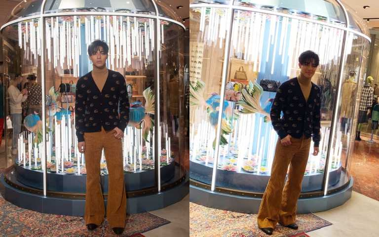 GUCCI GG Logo 羊毛開襟衫／39,000元、焦糖淺棕高領針織／42,500元、焦糖棕燈心絨寬褲／42,000元、黑色皮革踝靴／37,600元（圖／品牌提供）