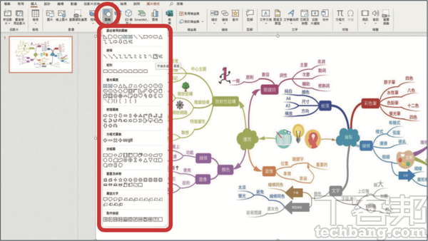 1.首先，在第一張投影片匯入心智圖，並選擇「插入」、「手繪多邊形」或合適的圖形進行遮蓋，第一張投影片只需留下最核心的主題，之後再分層顯示。