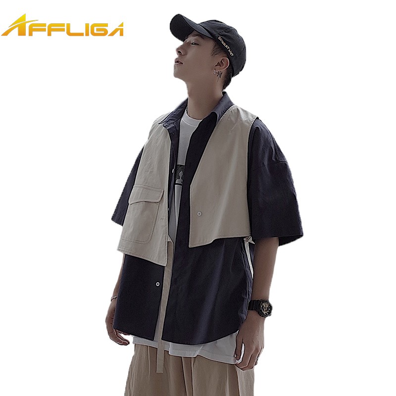 潮牌假兩件工裝短袖襯衫 帥氣時尚寬鬆休閒襯衫 潮男必備日系復古短袖襯衫外套 港風原宿風翻領襯衣 青少年正韓上衣 短袖上衣