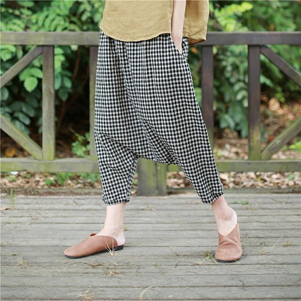 飛鼠褲 棉麻女裝夏季新款中國風小方格子大襠垮褲寬松闊腿褲百搭七分褲子 曼慕衣櫃