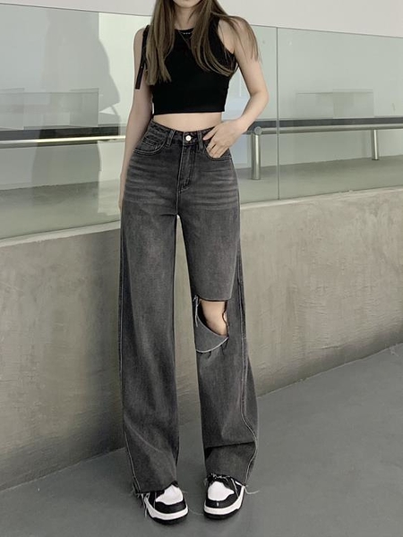 （牛仔長褲）灰色直筒牛仔褲女韓系寬松高腰顯瘦破洞闊腿拖地褲子長褲