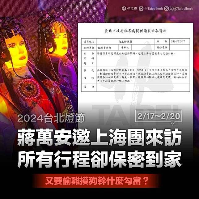民進黨台北市議員何孟樺批評，北市府對於上海官員來台行程保密，議員索資拒絕都提供，要求公開透明。(取自何孟樺臉書)