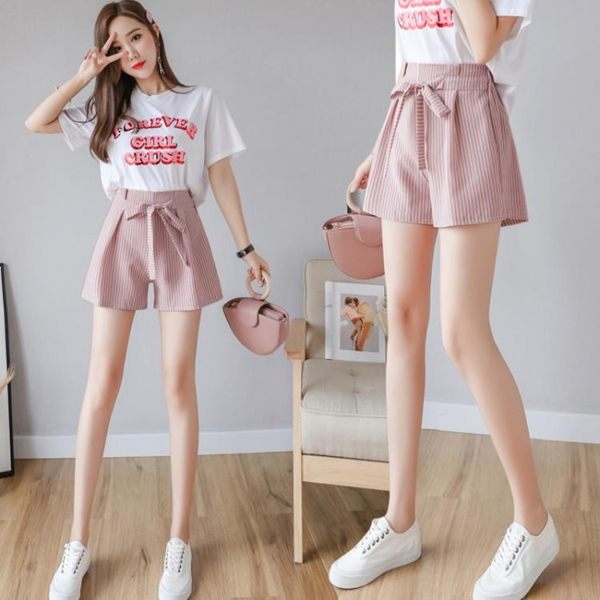 條紋雪紡短褲女2019夏季韓版高腰蝴蝶結花苞褲休閒寬鬆百搭寬褲 rj1963『pink領袖衣社』