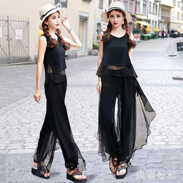 中大尺碼雪紡寬褲 新款女裝民族風褲裙雪紡薄紗長褲百搭瑜伽服休閒褲OB5043『美鞋公社』