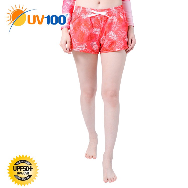 UV100 防曬 抗UV-輕量印花海灘短褲-女 - 桃紅色【CB91048】