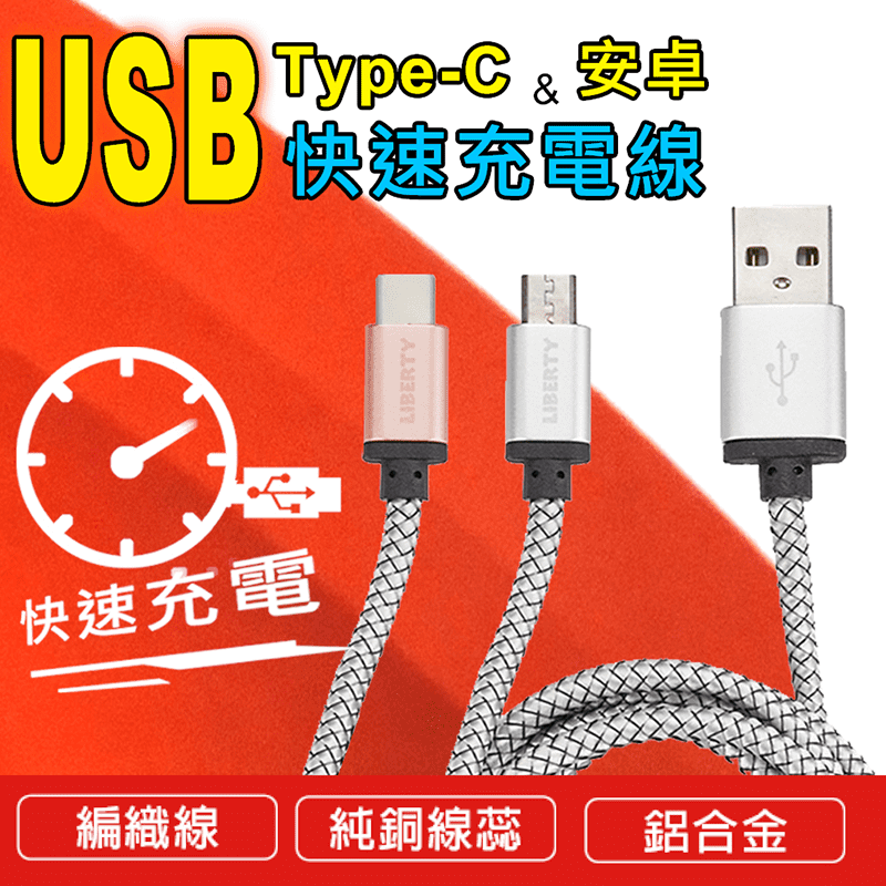 手機USB快充編織充電線，鋁合金、純銅線蕊材質編織，更耐拉扯，適合家中有毛小孩的朋友，超高速快充，長久保持設備電力滿滿，搭配USB充電頭，方便又實用喔！