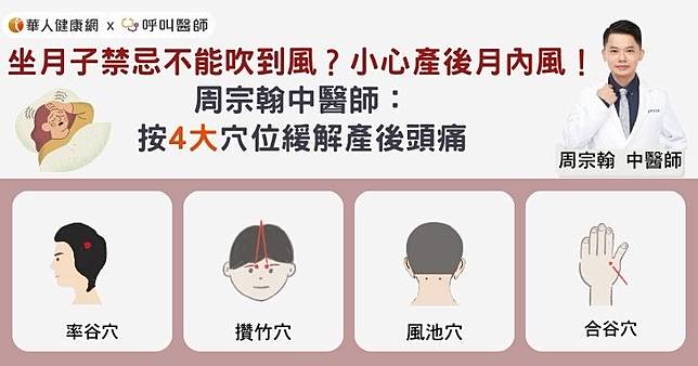 坐月子禁忌不能吹到風？小心產後月內風！周宗翰中醫師：按4大穴位緩解產後頭痛