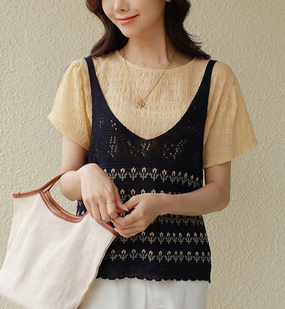 花朵圖案大V領針織背心