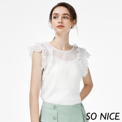 SO NICE唯美壓褶荷葉透膚上衣