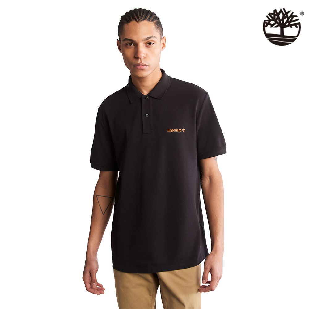 Timberland 男款黑色有機棉胸前簡約Logo休閒POLO衫|A5PGC001