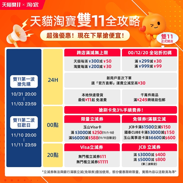 天貓淘寶雙 11 迎來最強折扣！各類優惠疊加無上限、買貴退差價，最高享 45% 折扣