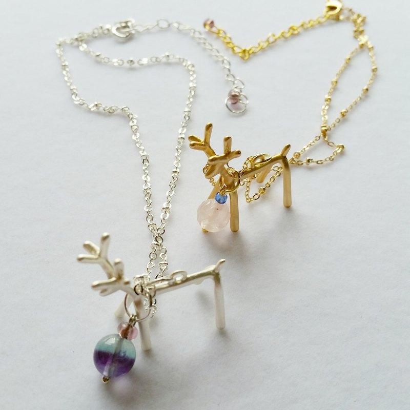 紫藍螢石 / 雕花粉晶 - 鍍金/鍍銀小鹿 925純銀鎖骨項鍊 小鹿為鍍金/鍍銀材質 下單時請選擇款式 鎖骨項鍊預設製作長度為40CM加8CM廷長鍊(或可下單時在備註註明長度 - 43/45 /更長)