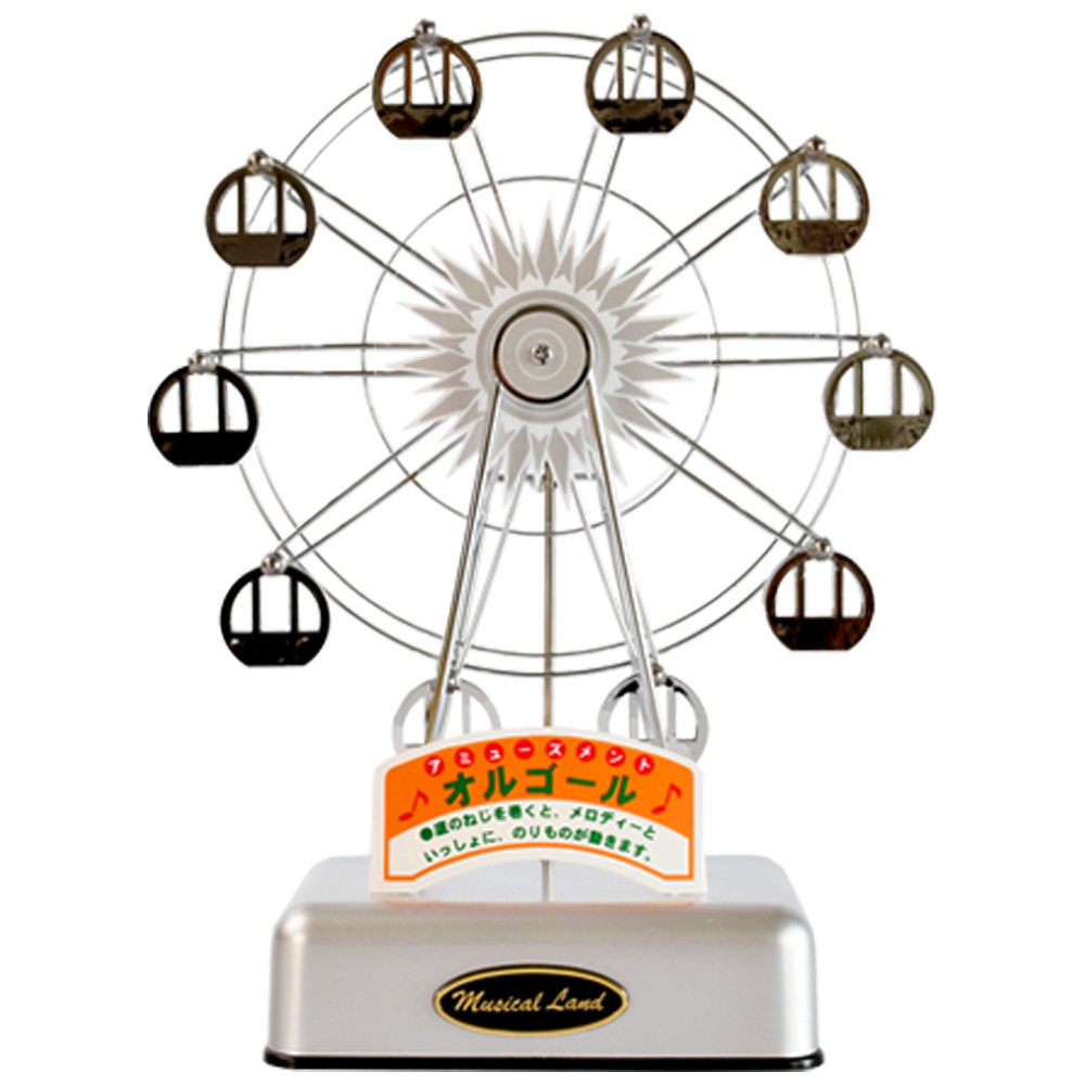 **上緊發條後，摩天輪的車廂會音樂旋轉；底座還會投射七彩的燈光，還可以當小夜燈使用** 音樂機芯是由機械趨動而非一般市面販買的那種IC發出合成聲響的音樂盒；它由發條、梳齒(Comb teeth)及圓筒