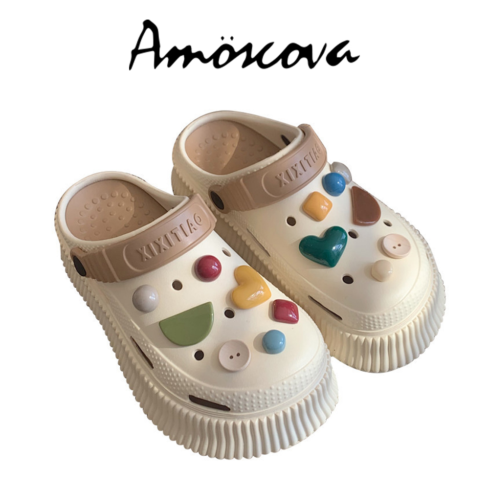 【Amoscova】洞洞鞋 厚底洞洞鞋 懶人拖鞋 可愛拖鞋 涼鞋 拖鞋 涼拖鞋 洞洞拖(1693)-卡其色