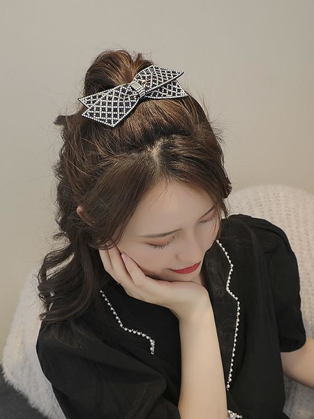 TTyrae FU~韓國黑色蝴蝶結夾子頭飾閃鉆少女髮夾網紅設計感髮飾頂夾彈簧夾女