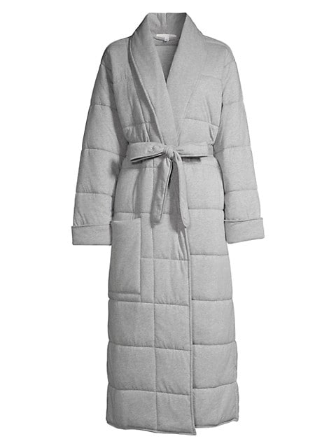 Longline robe with an ultra-soft cotton fabrication and quilted design.; Shawl collar; Long sleeves;