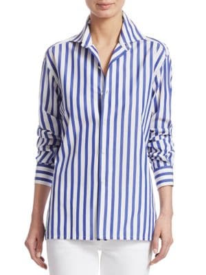 From the Iconic Collection; Menswear-inspired striped shirt cut from crisp cotton; Spread collar; Lo