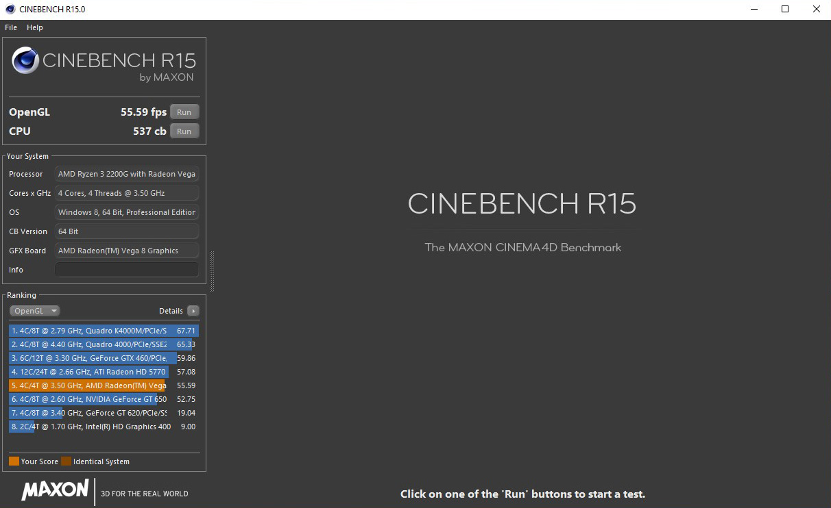 ONDA 內部人員所公布的 CINEBENCH R15 測試截圖，搭配 Ryzen 3 2200G 處理器多執行緒獲得 537cb、OpenGL 繪圖則為 59.59FPS