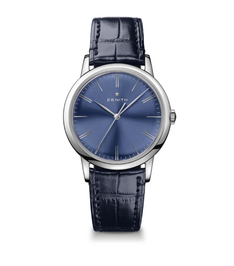 A timeless investment for horology enthusiasts, the Elite Classic watch from Zenith celebrates refined timekeeping, driven by the Elite 679 movement and secured by an alligator leather strap. Automatically wound, it beats at 28,800 vibrations per hour with a minimum power reserve of 50 hours, all encased in shining stainless steel. Water resistant up to 50 metres, it proves an elegant everyday watch.