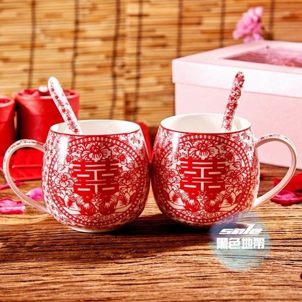 對杯 結婚慶喜字對杯子陶瓷紅色牙刷杯子馬克杯情侶杯套裝禮品伴手禮 2色