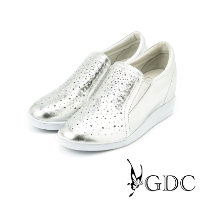 GDC-閃亮水鑽星星沖孔真皮內增高休閒懶人鞋-銀色