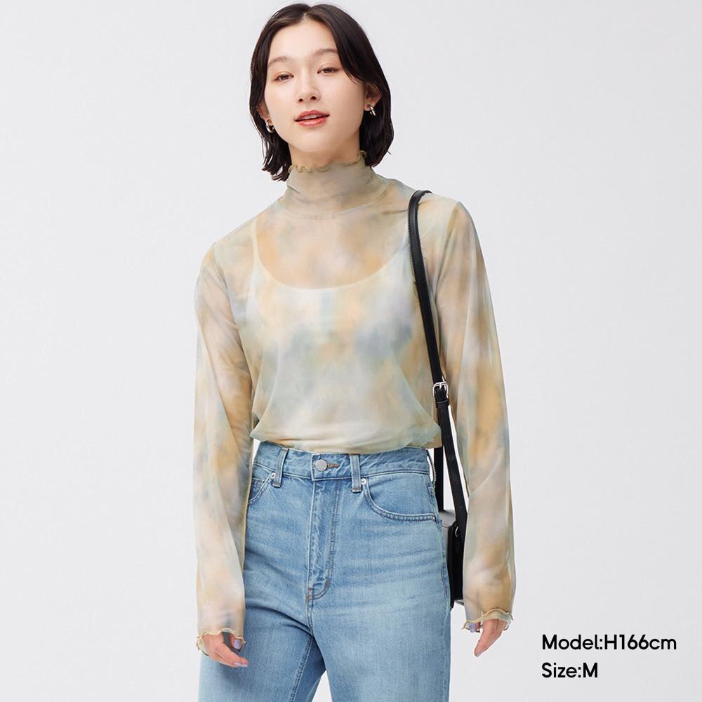 透膚印花高領T恤(長袖)Q