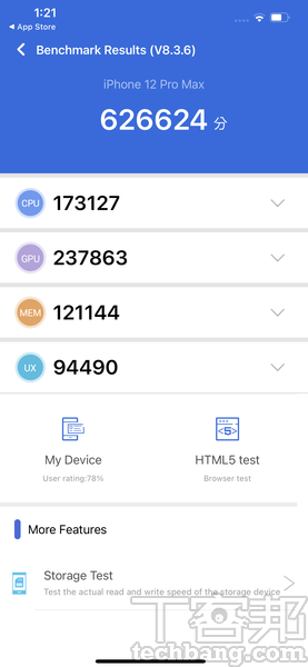 在Antutu測試下，總分獲得約626,624分，其中Pro系列的記憶體分數較iPhone 12mini/12來得高。