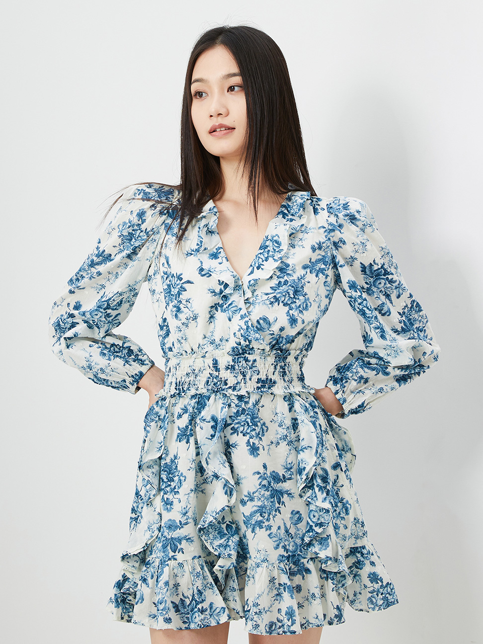 女裝 Gap x LOVE SHACK FANCY聯名 印花V領長袖洋裝-藍色花朵