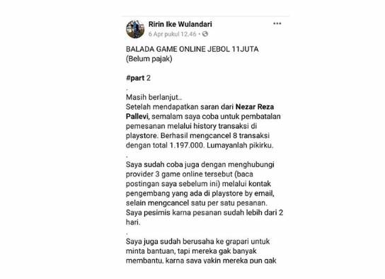 Screenshoot curhatan Ririn Ike Wulandari (37), seorang ibu di Kediri, Jawa Timur yang mendapat tagihan pembayaran game online anaknya hingga lebih dari Rp 11 juta, di akun Facebooknya. (Dok. Facebook Ririn Ike Wulandari)   Artikel ini telah tayang di Kompas.com dengan judul 