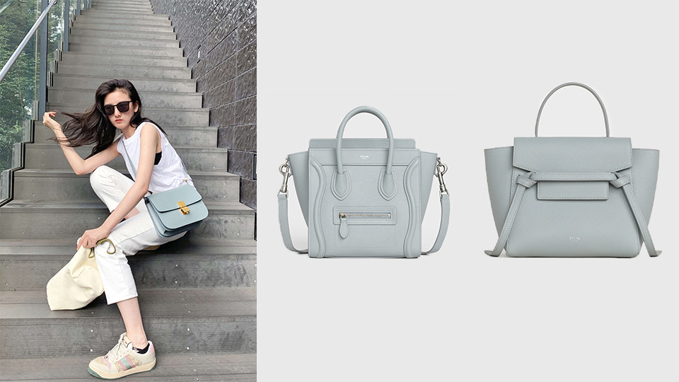 CELINE LUGGAGE礦石灰小牛皮肩背提包，NT$81,000 CELINE BELT礦石灰粒紋小牛皮肩背提包，NT$69,000 