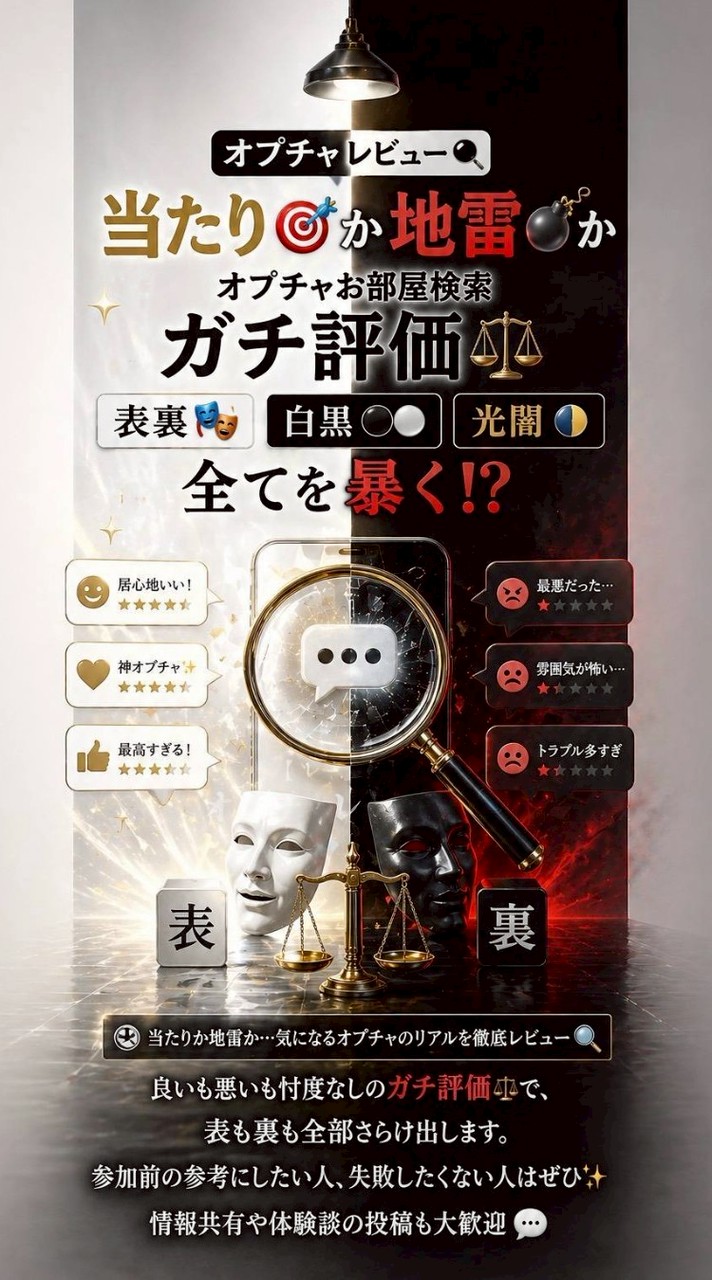 オプチャレビュー🔍️当たり🎯か　地雷💣かオプチャお部屋検索ガチ評価⚖️表裏🎭 白黒⚪⚫️ 光闇🌗全て暴く⁉️