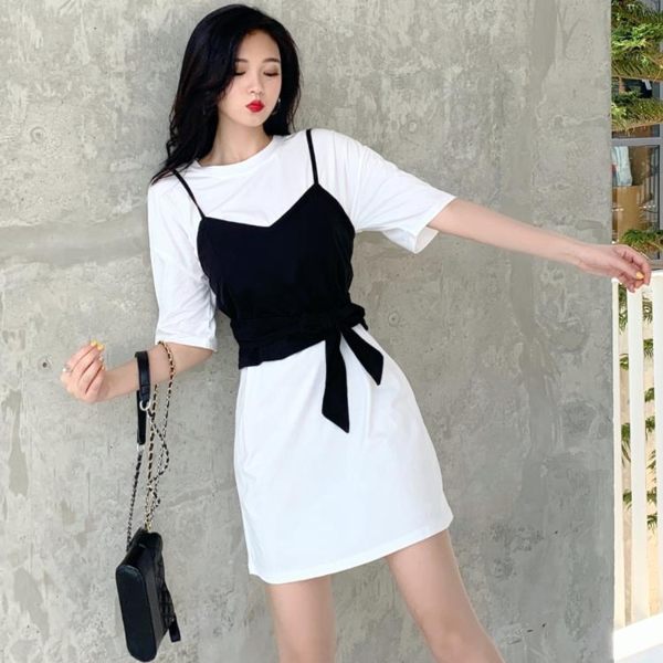 2019夏季新款韓版寬松百搭中長款T恤女兩穿吊帶蝴蝶結背心兩件套