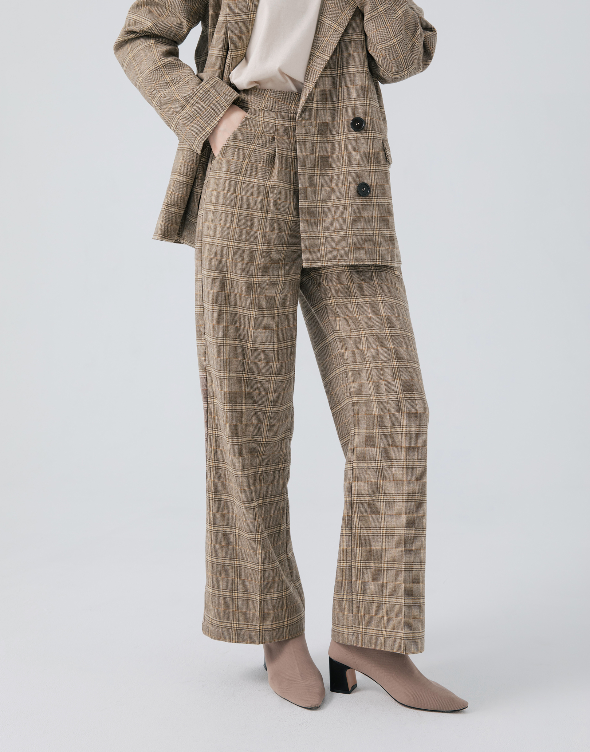 經典格紋毛呢西裝長褲-女-Genquo